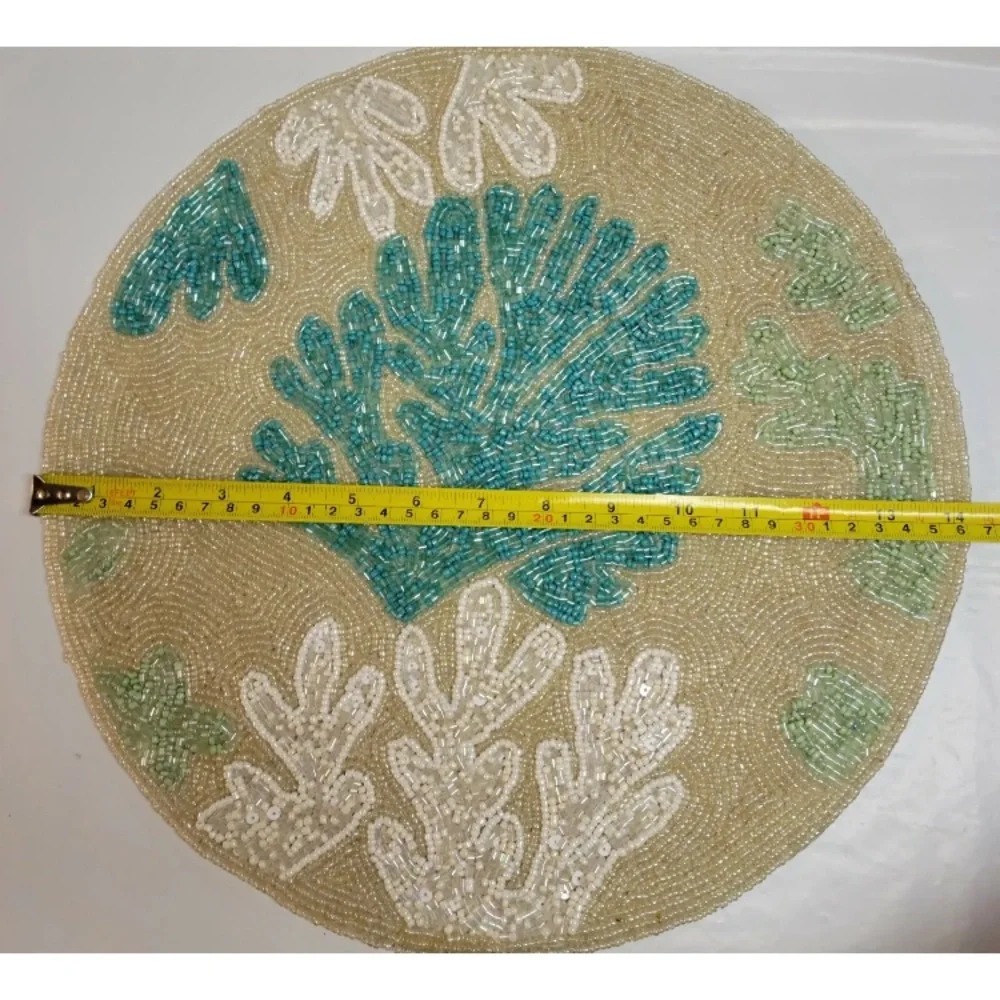 2x Coral Reef Beaded Placemat Coastal Round Centerpiece Charger Turquoise Cream